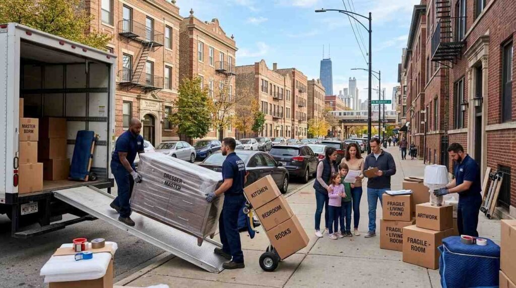 Professional movers and packers loading furniture and boxes during a residential move in Chicago city neighborhood