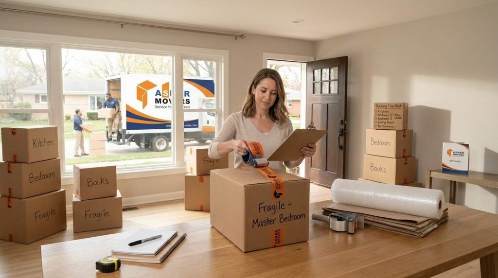 organized Skokie home with labeled moving boxes ASHER MOVERS packing supplies and professional movers loading a truck outside illustrating how to avoid common packing mistakes before moving day