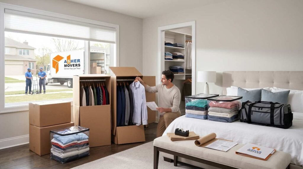 organized bedroom in Skokie with wardrobe boxes for hanging clothes, duffel bags for folded clothing, and an ASHER MOVERS truck outside illustrating the best way to pack clothes for moving