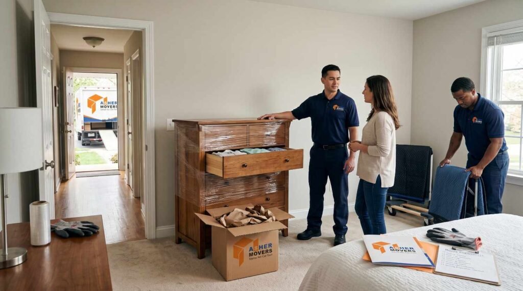 Professional ASHER MOVERS crew advising a homeowner in Skokie while preparing a dresser with secured drawers and a labeled moving box, illustrating whether drawers should be emptied before moving.