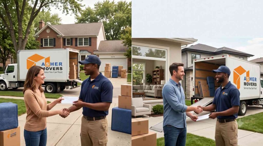 Homeowners thanking separate ASHER MOVERS crews after loading and unloading during a long-distance move, illustrating proper tipping etiquette for both ends of the moving process.
