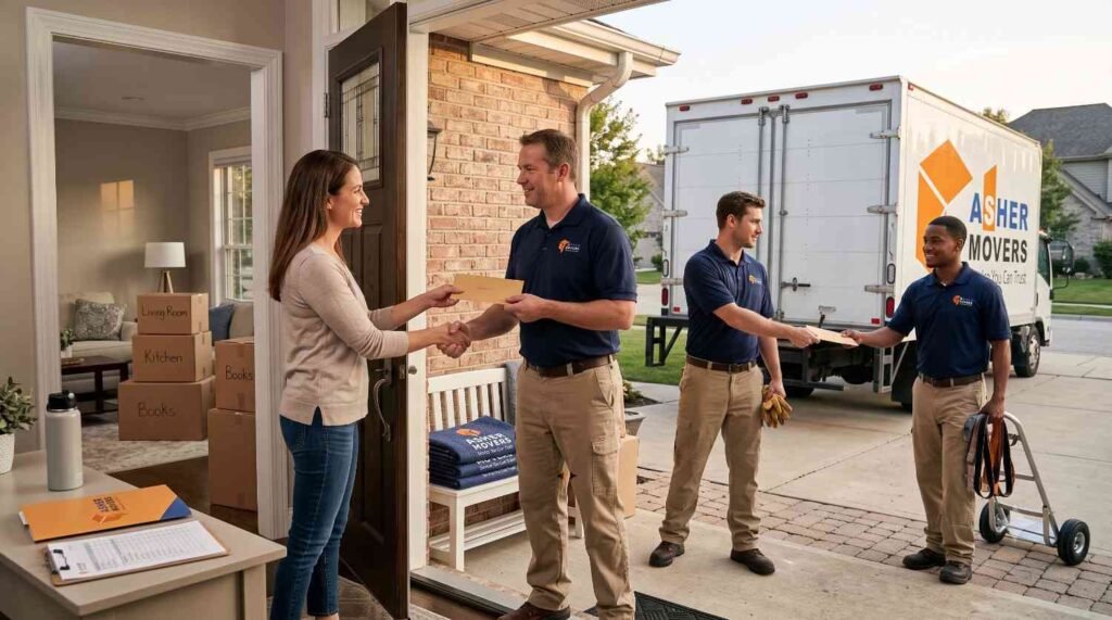 Homeowner thanking each ASHER MOVERS crew member with individual envelopes after a completed move at a Skokie home, illustrating that movers should be tipped at the end of the job.