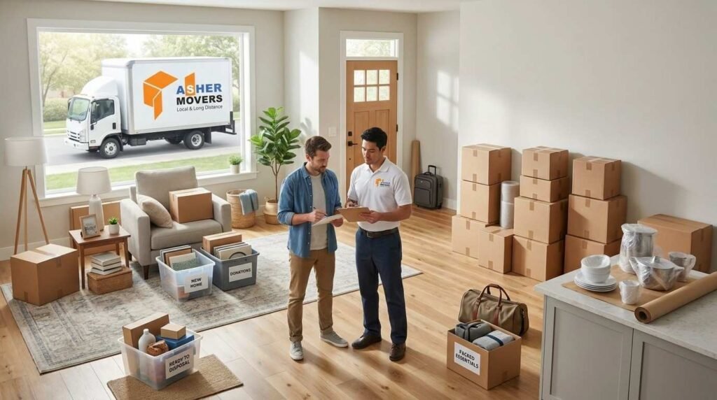 Homeowner organizing household belongings into structured packing zones with an ASHER MOVERS crew member inside a modern American home before moving day using the 444 packing method.