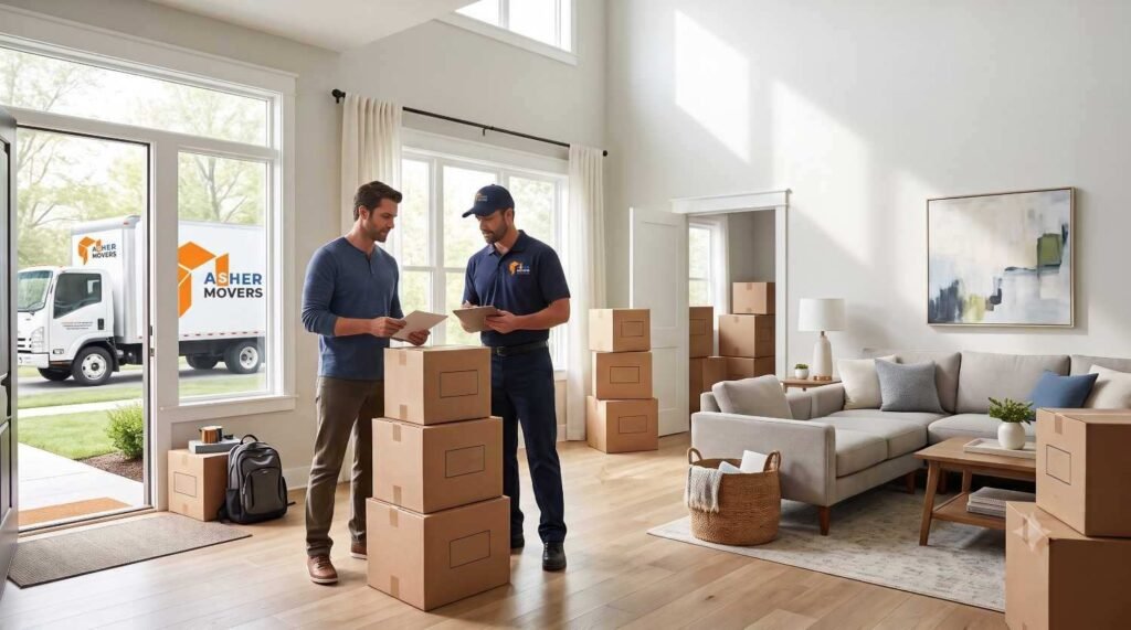 Homeowner organizing packed boxes with an ASHER MOVERS crew member inside a modern American home using a structured room-by-room packing method before moving day.