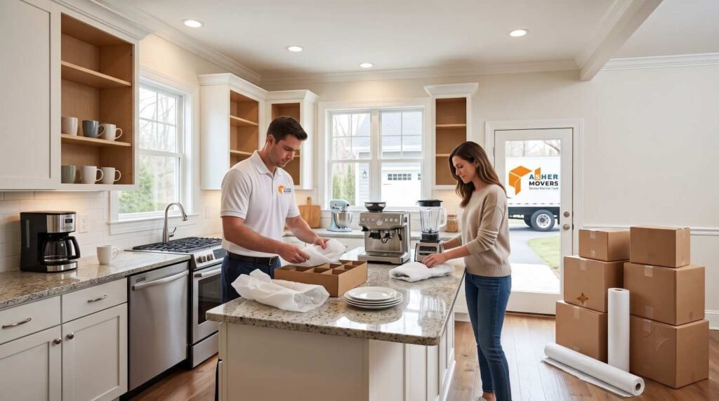 ASHER MOVERS crew member and homeowner carefully packing fragile kitchen items inside a modern American kitchen before moving day, illustrating why the kitchen is the hardest room to pack.