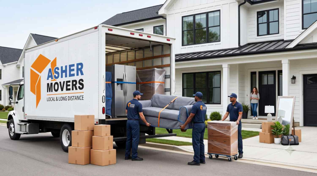 ASHER MOVERS crew loading heavy furniture and appliances first into a moving truck outside a modern American home, demonstrating the proper loading sequence for a safe and organized move.