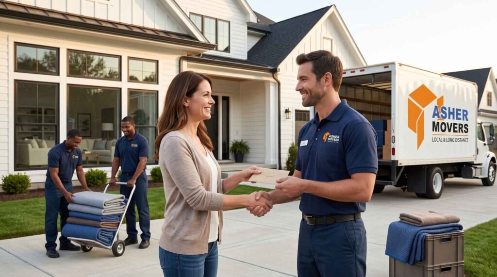 Homeowner thanking an ASHER MOVERS crew leader with a discreet gratuity envelope after a successful move outside a modern American home, illustrating the 20% tip guideline for movers.