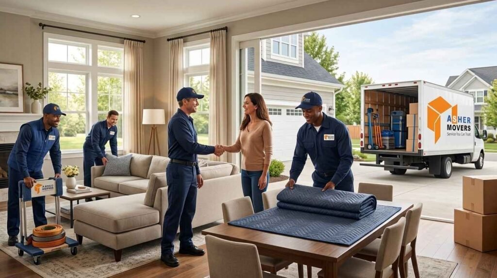 ASHER MOVERS crew completing a residential move while the homeowner thanks each mover with a warm handshake outside a modern American home, illustrating moving etiquette and appreciation for professional service.