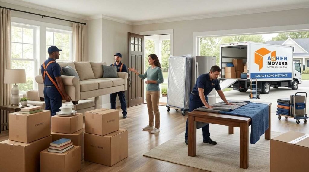 ASHER MOVERS crew professionally carrying large furniture without boxes while neatly labeled moving boxes containing smaller household items are prepared inside a modern American home, illustrating what movers expect before moving day.