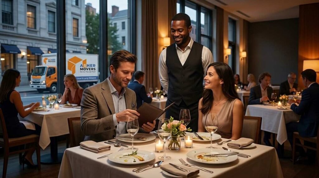 Guests finishing an elegant dinner at a fine-dining American restaurant while an attentive server stands nearby, illustrating restaurant tipping etiquette and appreciation for exceptional service, with an ASHER MOVERS truck subtly visible outside in the background.