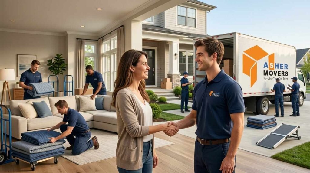 ASHER MOVERS crew completing a residential move inside a modern American home while the homeowner thanks the team with a warm handshake, illustrating appreciation for quality professional moving service.