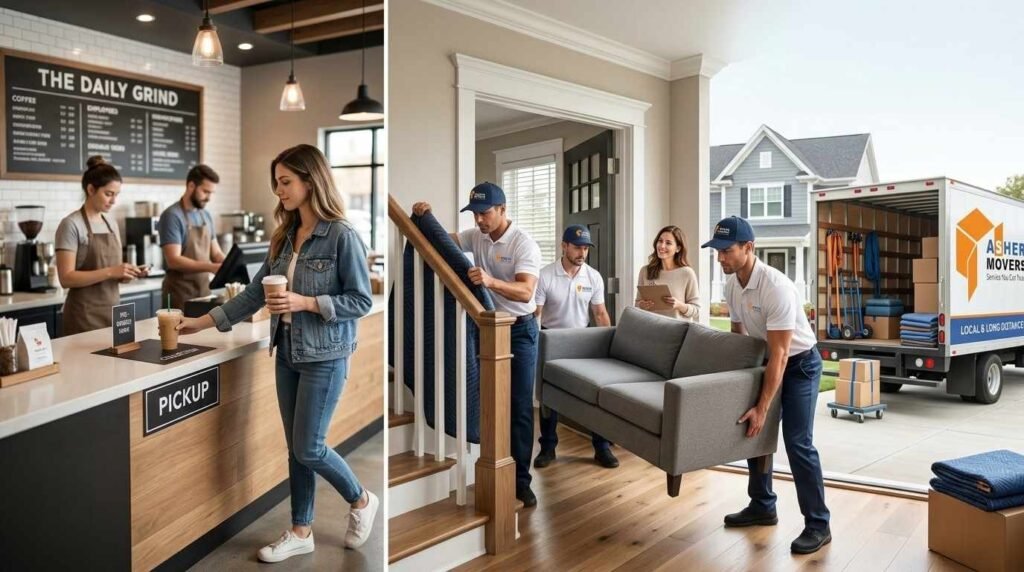 ASHER MOVERS crew carefully moving heavy furniture into a modern American home alongside a self-service coffee shop scene, illustrating how tipping expectations differ based on the level of service provided.