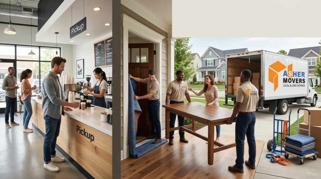 ASHER MOVERS crew carefully carrying a heavy dining table into a modern American home while a homeowner thanks the team, shown alongside a customer collecting coffee from a self-service café to illustrate different tipping expectations.