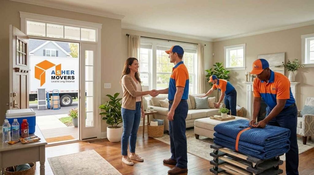ASHER MOVERS crew completing a successful home move while a homeowner thanks each mover with a handshake and provides refreshments, illustrating thoughtful appreciation for professional moving services.