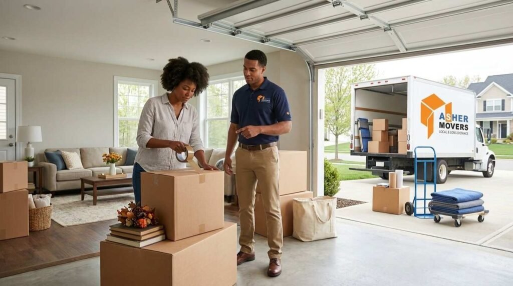 Homeowner packing seasonal decorations and rarely used household items in an organized storage room while an ASHER MOVERS consultant provides guidance, illustrating the best place to start when preparing for a move.