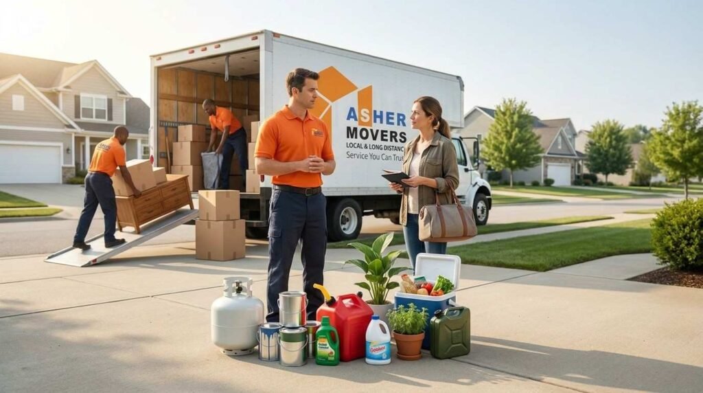 ASHER MOVERS crew explaining which household items cannot be loaded onto a moving truck while approved furniture and moving boxes are prepared for transport outside a modern American home.