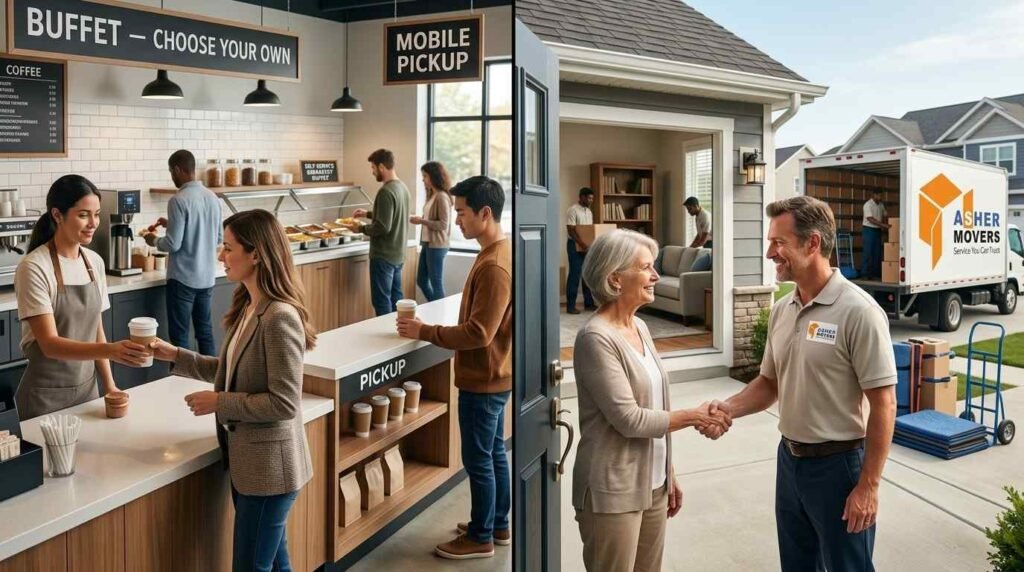 Customer using self-service at a coffee shop while an ASHER MOVERS crew completes a successful home move with a homeowner expressing appreciation, illustrating that tipping expectations vary depending on the type of service.