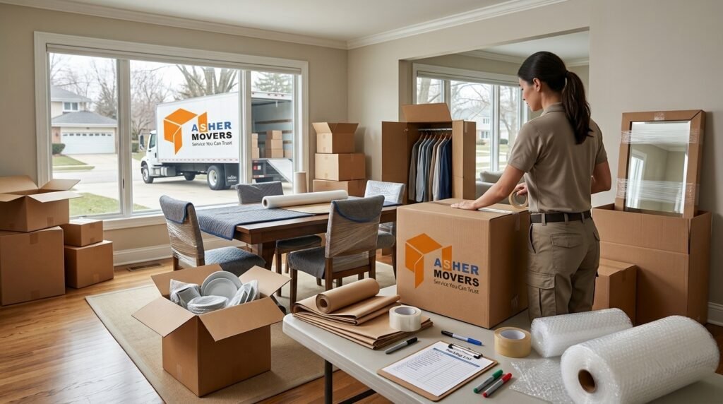 Professional moving boxes and packing supplies organized in a Skokie home with specialty boxes, packing materials, protected furniture, and a moving truck ready for relocation.