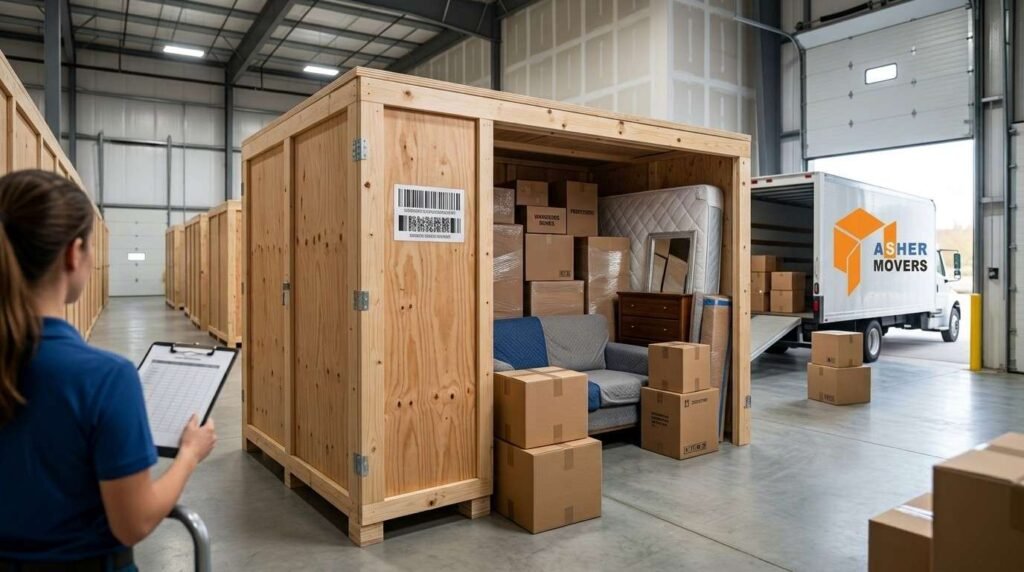 Climate-controlled moving warehouse with sealed storage vaults, inventoried household belongings, protected furniture, organized boxes, and a professional moving truck.