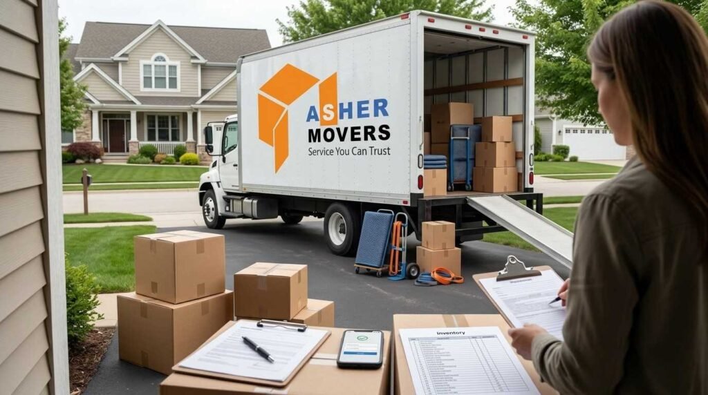 Homeowner verifying moving paperwork and a professional moving truck before a residential relocation, illustrating how to vet movers and avoid moving scams.