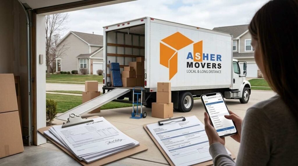 Homeowner verifying moving company licensing and documentation beside a professional moving truck in Skokie, Illinois before a residential move.