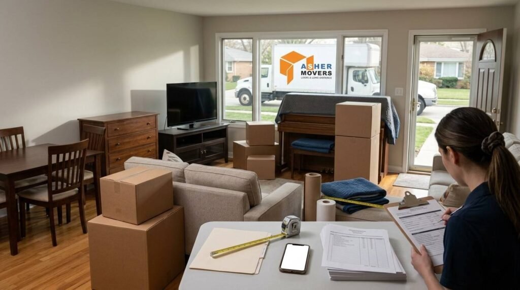 Homeowner documenting a valuable household item with moving paperwork and protective packing materials to prepare for moving insurance and claims.