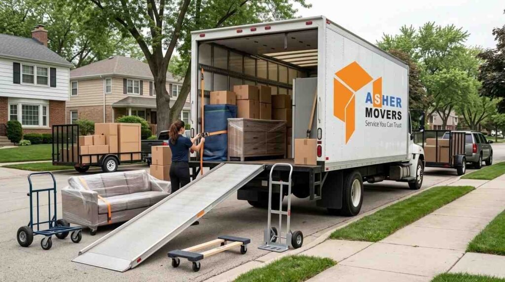 Professional moving truck and trailer with furniture dollies, straps, blankets, ramps, and securely loaded household belongings outside a Skokie, Illinois home.