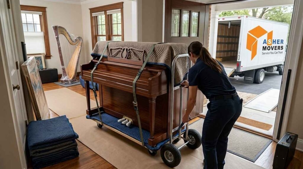 Professional movers preparing a protected upright piano with a piano board, straps, dolly, floor protection, and specialty equipment inside a Skokie home.