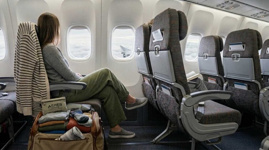 Female traveler wearing loose breathable layers and comfortable shoes on a long-haul flight, with folded leggings and travel clothes packed beside her seat.
