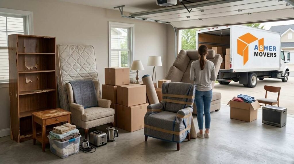 Household items sorted before a move, with worn furniture, outdated appliances, and unnecessary belongings separated from useful items ready for the moving truck.
