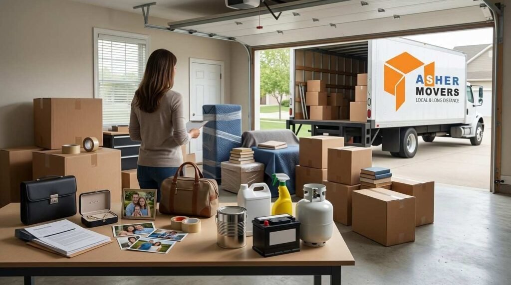 Household belongings sorted before moving, with personal valuables separated from hazardous items and ordinary boxes prepared for the moving truck.