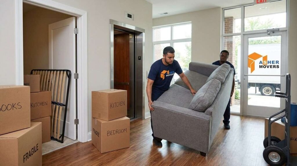 ASHER MOVERS crew handling a one-bedroom apartment move with the original brand logo naturally displayed on uniforms and truck.