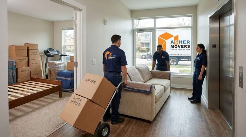 ASHER MOVERS crew relocating a two-bedroom apartment with moving boxes, bulky furniture, elevator access, and professional equipment.