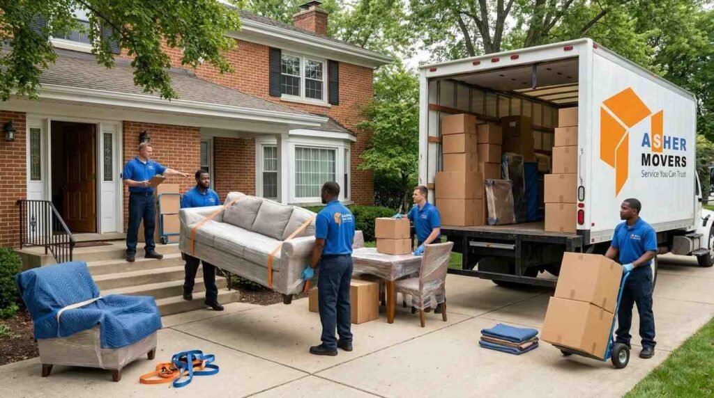 ASHER MOVERS crew relocating a three-bedroom Skokie house with packed boxes, furniture, moving equipment, and a truck.
