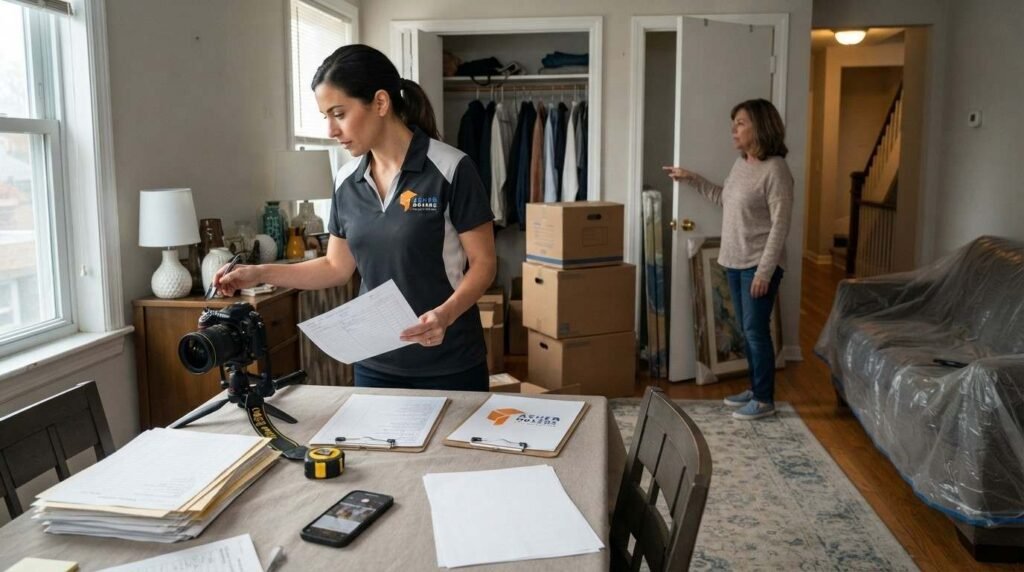 Female moving coordinator explaining local moving travel fees and return-trip billing beside a moving truck.