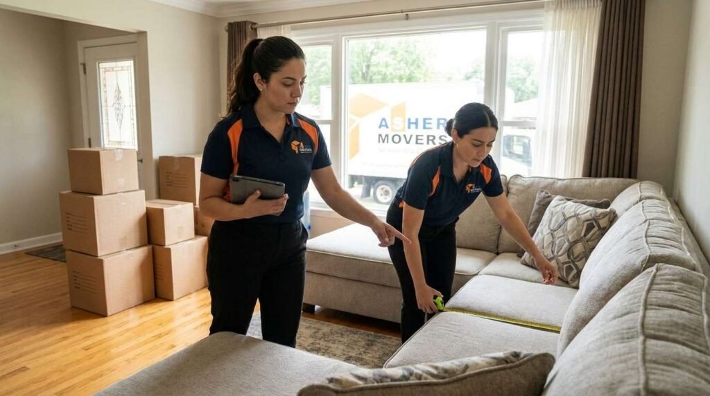 ASHER MOVERS specialist assessing a Skokie home inventory to estimate local moving costs based on furniture, crew size, and access.