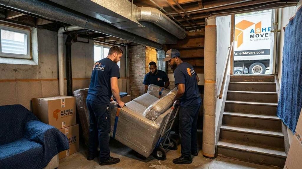 ASHER MOVERS crew maneuvering furniture through a tight Skokie basement stairwell with low ceilings, narrow turns, and moving equipment.