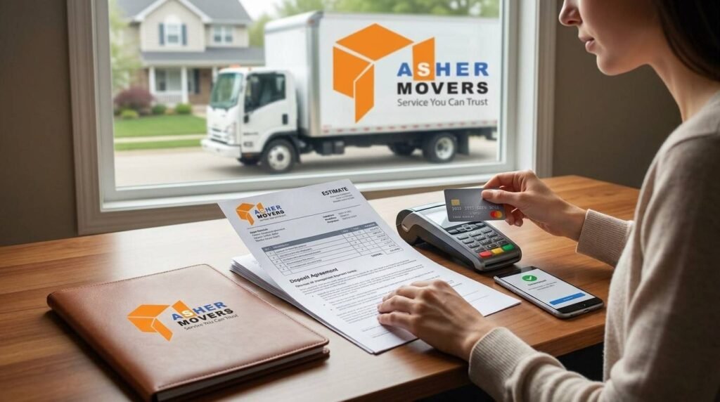 ASHER MOVERS deposit agreement with credit card payment, written terms, and moving truck illustrating safe booking deposit practices.