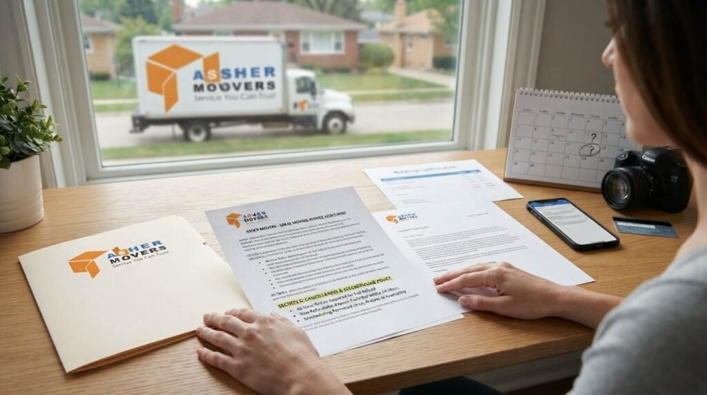 ASHER MOVERS booking contract with cancellation terms, calendar, payment card, and written cancellation documentation.