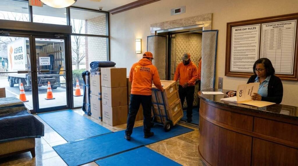 ASHER MOVERS crew completing a condo move with elevator padding, floor protection, COI paperwork, and building access coordination.