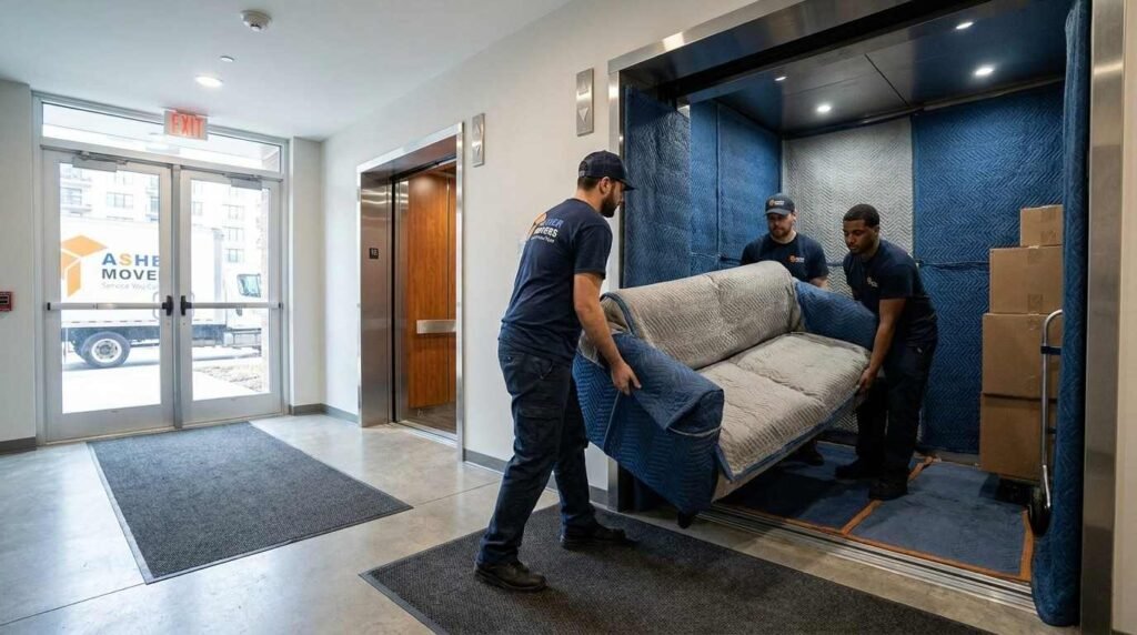 ASHER MOVERS crew loading a padded freight elevator with furniture and boxes during a Skokie condo move.