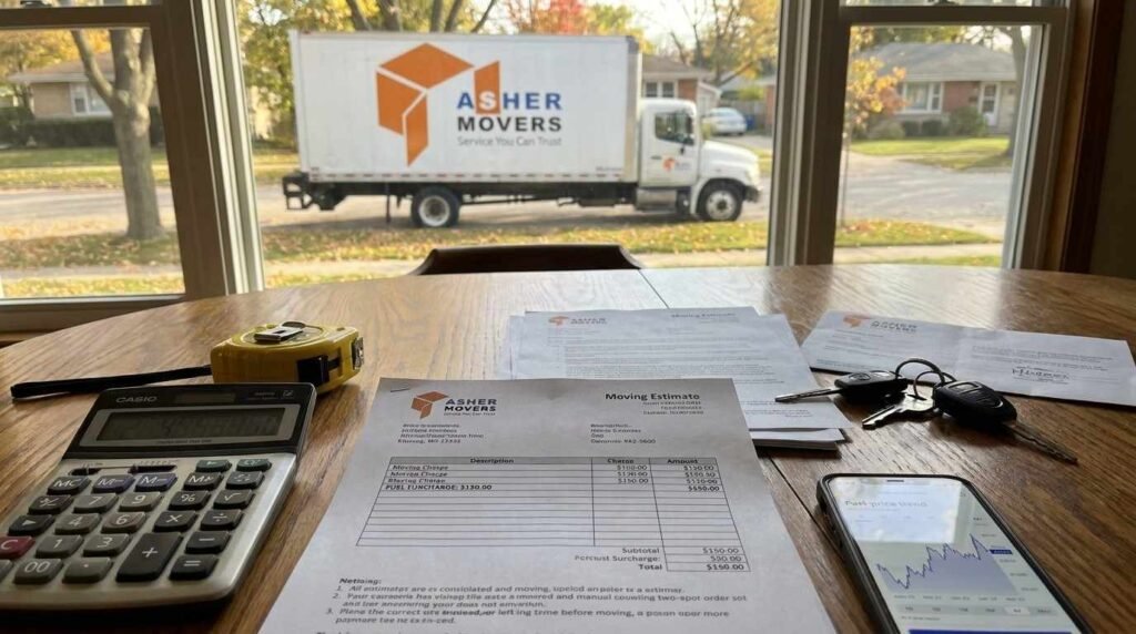 Realistic moving estimate with a separate fuel surcharge, calculator, truck outside, and naturally fitted ASHER MOVERS branding.