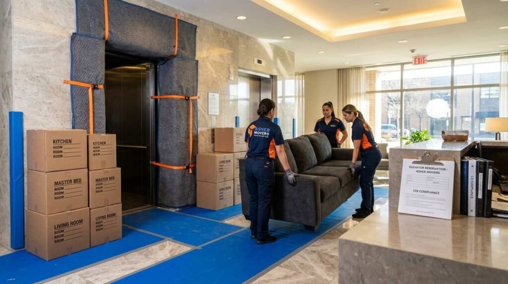 Realistic high-rise apartment move with a reserved padded service elevator, staged boxes, protective padding, and ASHER MOVERS crew.