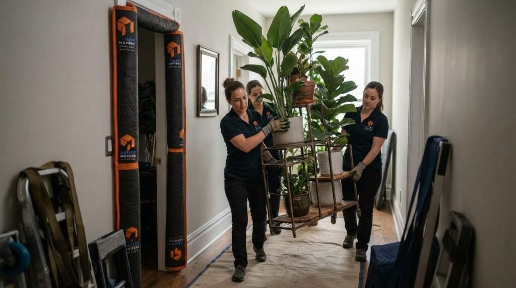 Realistic movers carefully handling an oversized household item through a tight hallway during an unusual moving activity.