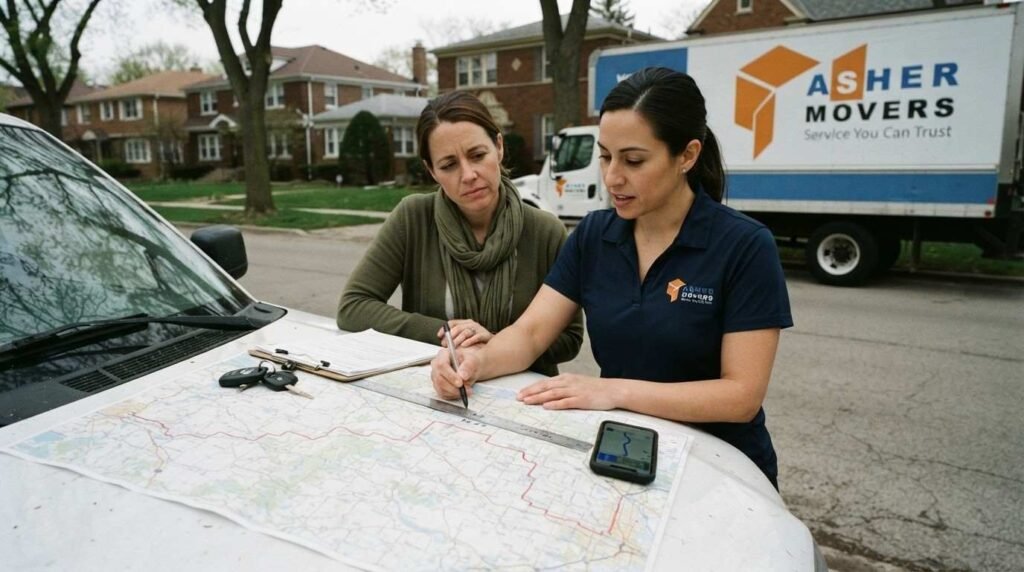 Realistic moving coordinator verifying driving mileage between addresses to determine the 50-mile or 100-mile moving threshold.