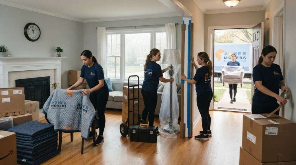 Realistic local moving day showing preparation, furniture loading, staged boxes, and the progression from arrival to unloading.