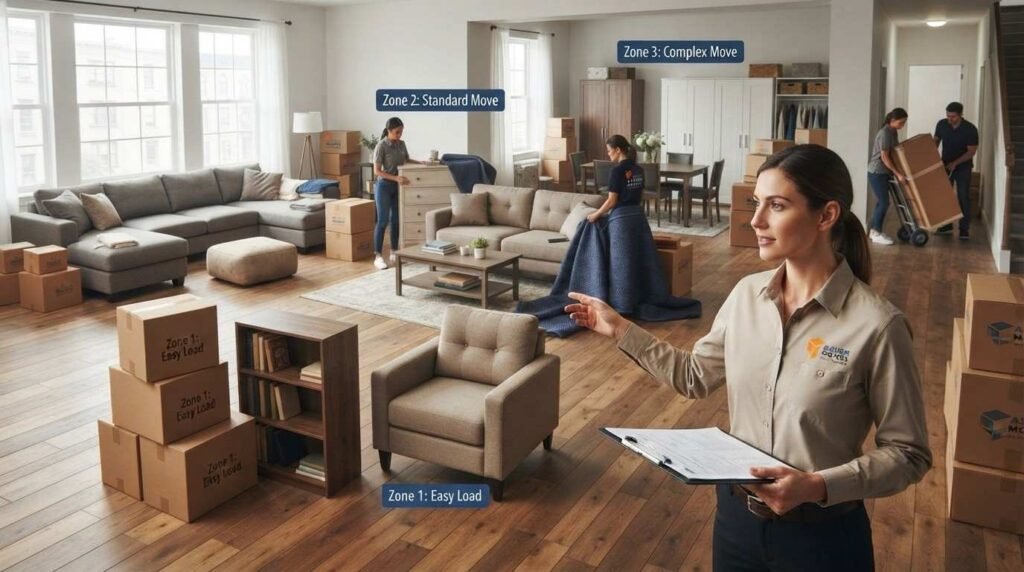 Female moving coordinator assessing apartment size, furniture volume, and crew requirements with movers inside an apartment.