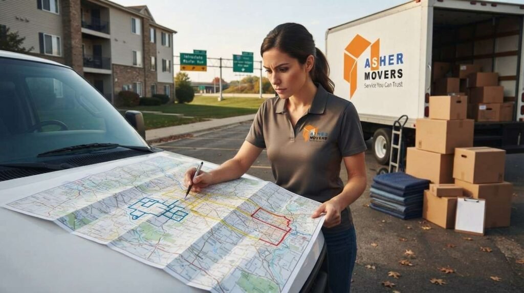Female moving coordinator reviewing routes and paperwork to compare local, intrastate, and interstate moving requirements.