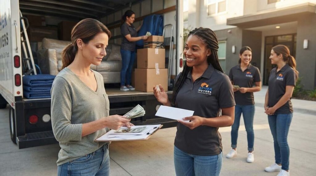 Female homeowner preparing individual cash tips for movers after a local apartment move.
