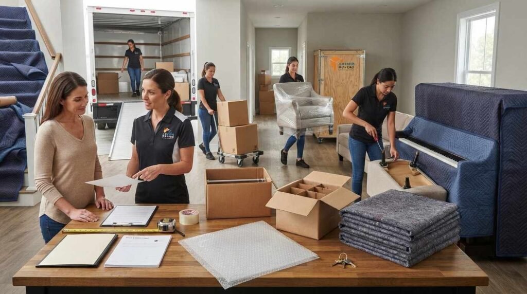 Female moving coordinator reviewing essential moving terminology with packing supplies, equipment, furniture, and storage items.
